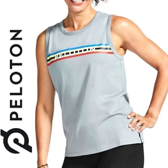 Peloton Grey Studio Colorful Logo Side Slit Workout Tank Top Large NWT - Picture 4 of 16